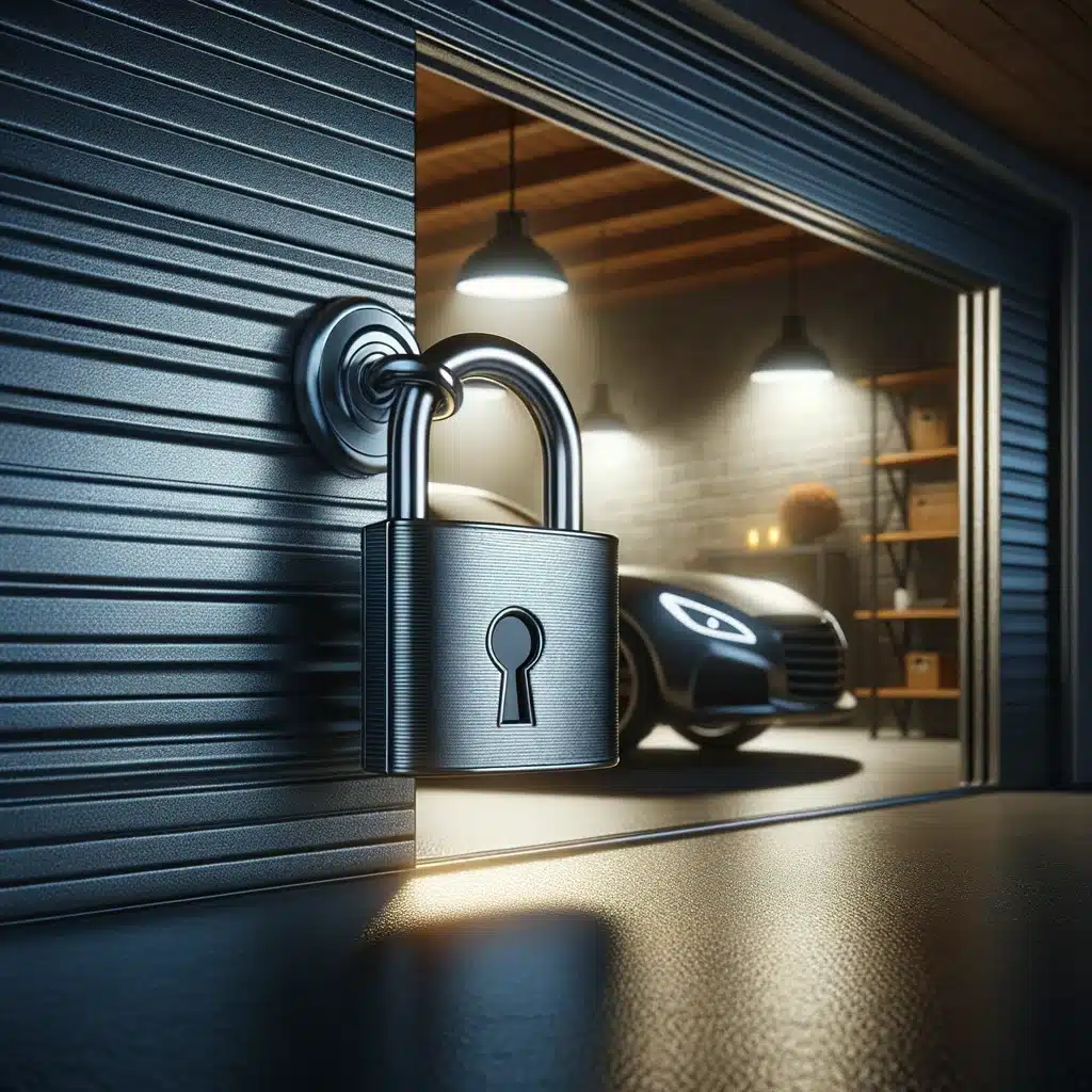 steel garage door with a robust and shiny padlock