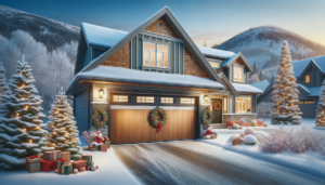 A wide, high resolution image showing a festive suburban home during the holiday season, with a brand new stylish garage door that stands out beautifu